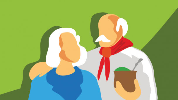Ilustração de casal de gaúchos com idade avançada