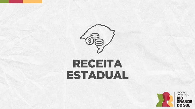 Card em fundo cinza, no qual está escrito Receita Estadual ao centro, logo abaixo de um ícone com o desenho do mapa do Rio Grande do Sul com algumas moedas empilhadas sobre ele, uma delas está em pé e tem um cifrão desenhado dentro. No canto inferior direito do Card está a logomarca utilizada pela gestão 2023-2026 do governo do Rio Grande do Sul.