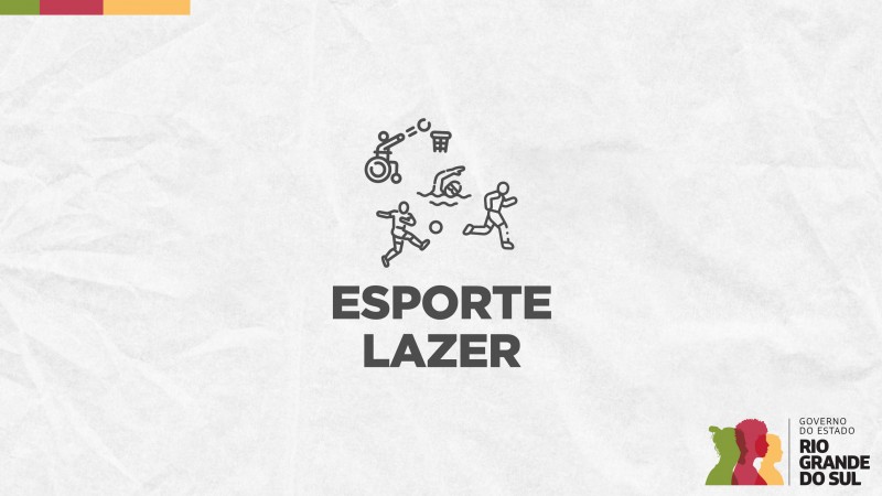 Card em fundo cinza, no qual está escrito Esporte Lazer ao centro, logo abaixo de quatro ícones que representam modalidades esportivas: atletismo, natação, basquete para cadeirantes e futebol. No canto inferior direito do Card está a logomarca utilizada pela gestão 2023-2026 do governo do Rio Grande do Sul.