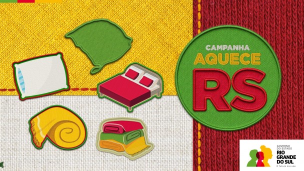 Card da campanha “Aquece RS” do Governo do Rio Grande do Sul, com fundo de tecido colorido e ilustrações de cama, travesseiro, cobertores e manta, simbolizando doações para o inverno.