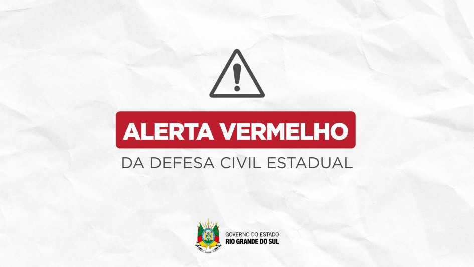 Card em fundo branco com textura que lembra papel amassado. No centro superior, h&aacute; um &iacute;cone de alerta: um tri&acirc;ngulo cinza com um ponto de exclama&ccedil;&atilde;o no interior. Logo abaixo, em destaque, uma faixa retangular vermelha traz, em letras brancas e mai&uacute;sculas, a frase "ALERTA VERMELHO". Abaixo da faixa, em letras cinza, l&ecirc;-se "DA DEFESA CIVIL ESTADUAL". Na parte inferior do card aparecem o bras&atilde;o do Estado do Rio Grande do Sul e a inscri&ccedil;&atilde;o "Governo do Estado &ndash; Rio Grande do Sul".