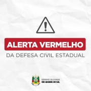 Card em fundo branco com textura que lembra papel amassado. No centro superior, h&aacute; um &iacute;cone de alerta: um tri&acirc;ngulo cinza com um ponto de exclama&ccedil;&atilde;o no interior. Logo abaixo, em destaque, uma faixa retangular vermelha traz, em letras brancas e mai&uacute;sculas, a frase "ALERTA VERMELHO". Abaixo da faixa, em letras cinza, l&ecirc;-se "DA DEFESA CIVIL ESTADUAL". Na parte inferior do card aparecem o bras&atilde;o do Estado do Rio Grande do Sul e a inscri&ccedil;&atilde;o "Governo do Estado &ndash; Rio Grande do Sul".