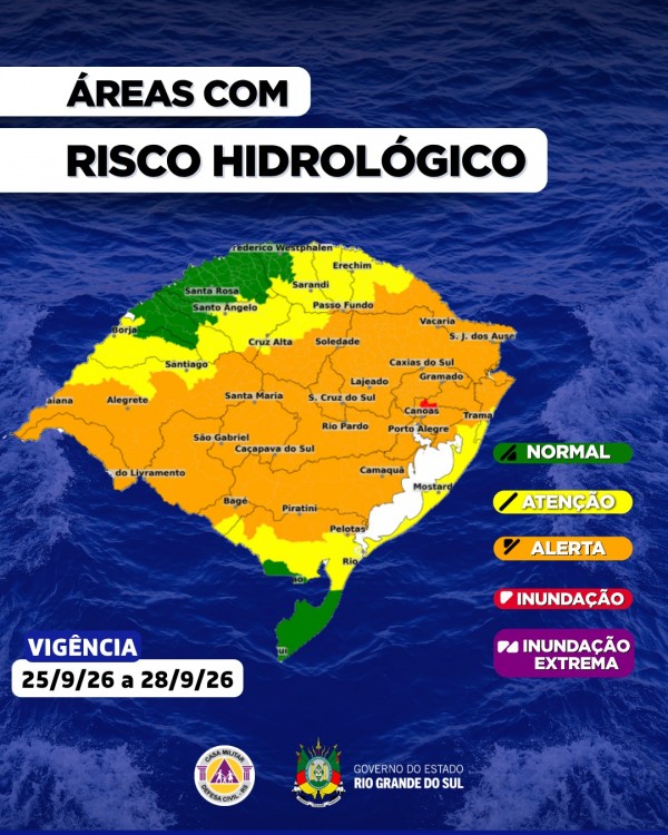 Arte mostra mapa do Rio Grande do Sul com risco hidrológico. 